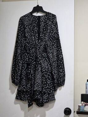 Womens Black Long-Sleeve Polka Dot Mini Dress